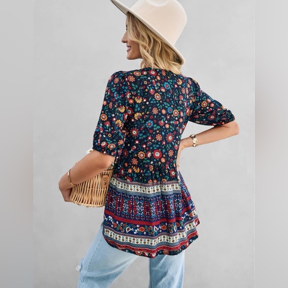 Women’s Casual Boho Floral V Neck Printed Bohemian Blouse - Multicolor - Picture 7 of 16